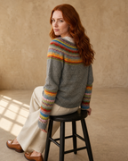 Women's Fashionable Pullover Sweater Top in Yellow, stool, back turned, worn by model