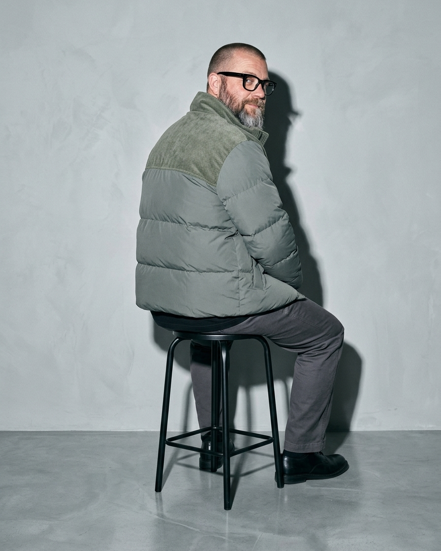Duck Down Down Jacket Men's Winter American Outdoor, stool, back turned, worn by model