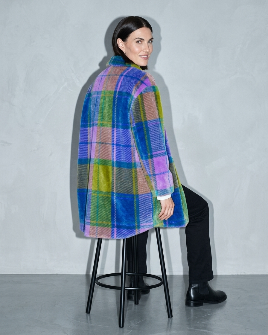 Women's Rainbow Plaid Button Coat with Pockets, stool, back turned, worn by model