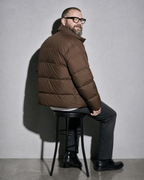 Coffee Color Cotton-padded Clothes Short Cotton Coat, stool, back turned, worn by model