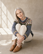 Women's Fashionable Pullover Sweater Top in Sea Blue, floor, knees up, worn by model