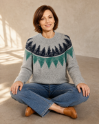 Women's Fashionable Pullover Sweater Top in Teal, floor, cross-legged, worn by model