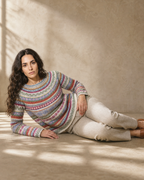 Women's Fashionable Pullover Sweater Top in Blue, floor, propped on elbow, worn by model