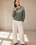 Women's Fashionable Pullover Sweater Top in Light Green, mid-laugh candid, worn by model