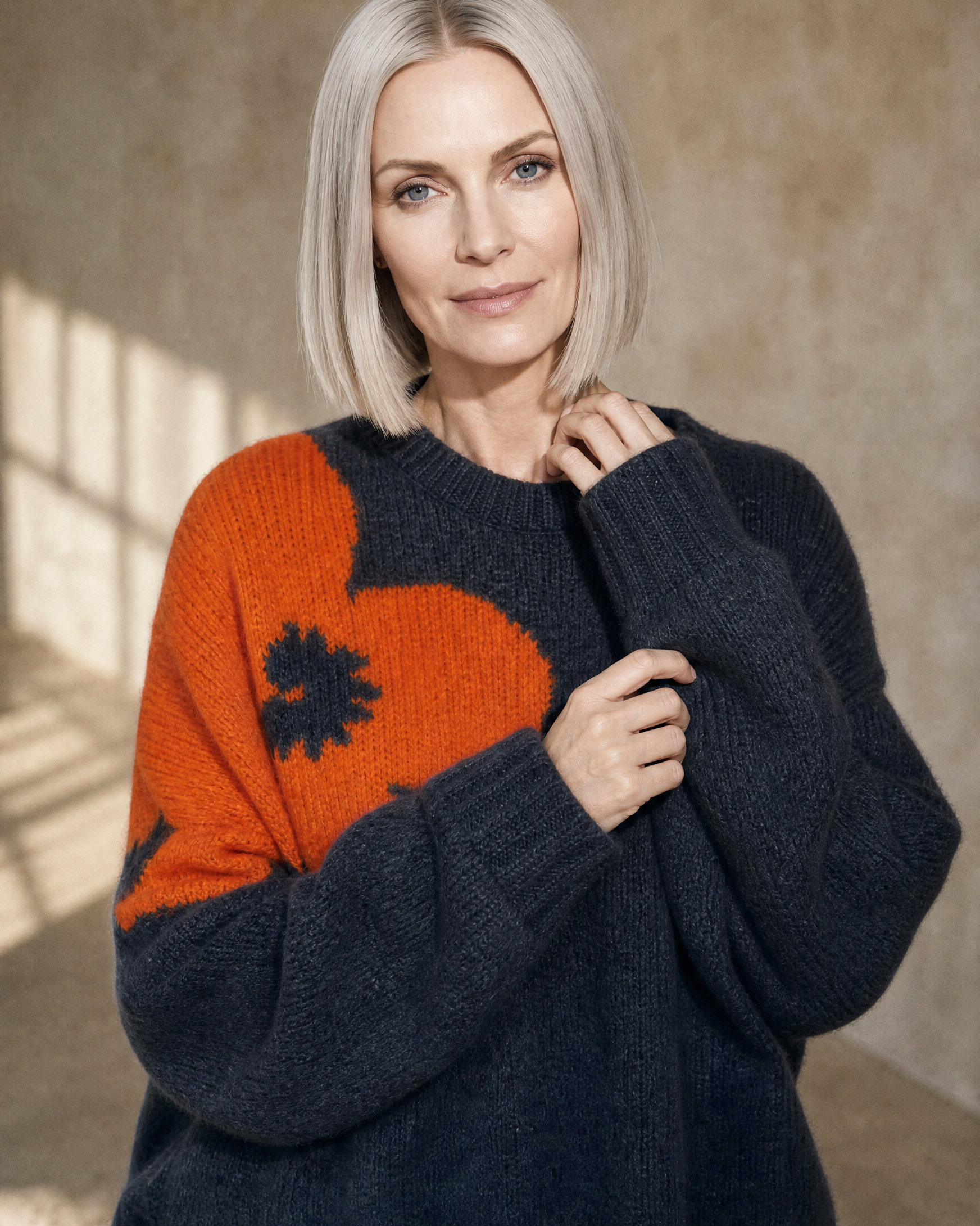 Women's Fashionable Pullover Sweater Top in Charcoal, collar detail close-up, worn by model