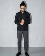 Men's Stand-Collar Cable-Knit Zip Sweater, cuff detail close-up, worn by model