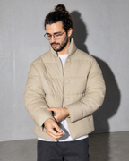 Coffee Color Cotton-padded Clothes Short Cotton Coat, cuff detail close-up, worn by model
