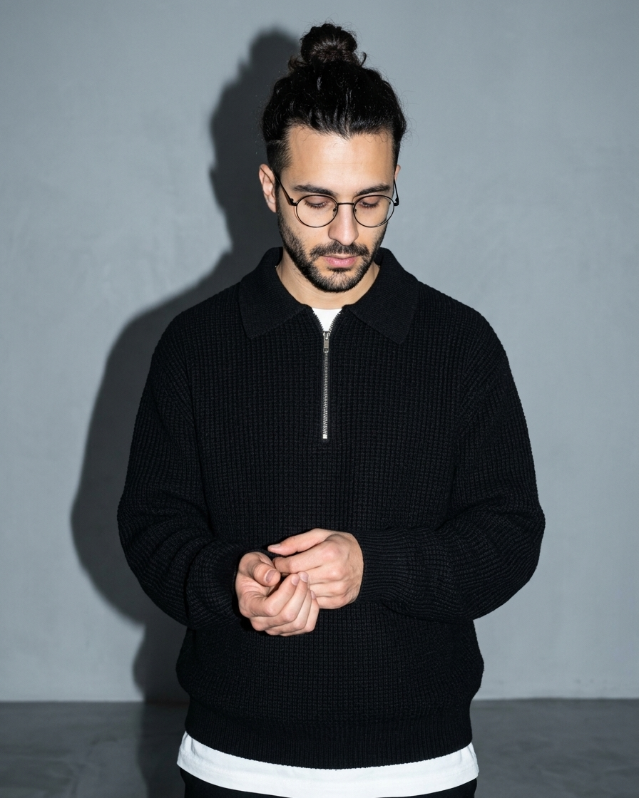 Men's Light Business Lapel Knit Sweater, cuff detail close-up, worn by model