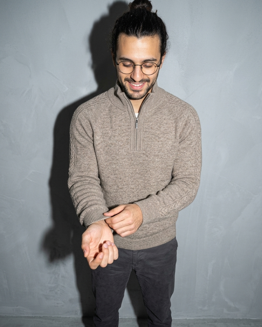 Zipper High Neck Thickened Woolen Sweater, cuff detail close-up, worn by model