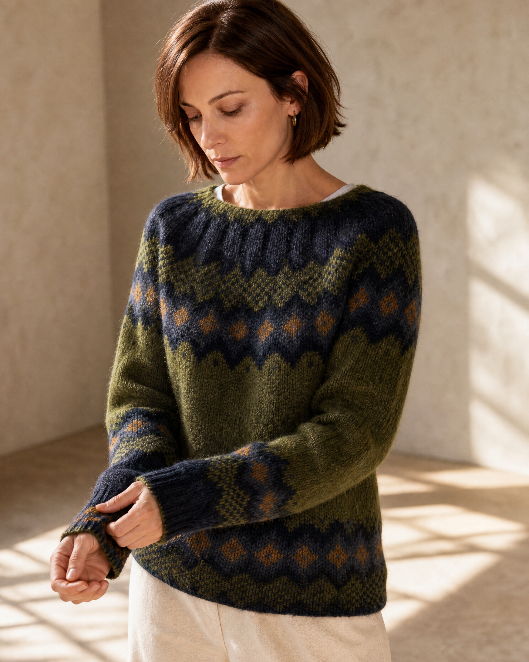 Women's Fashionable Pullover Sweater Top in Green, cuff detail close-up, worn by model