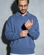 Men's Ribbed-Hem Lapel Knit Sweater, cuff detail close-up, worn by model