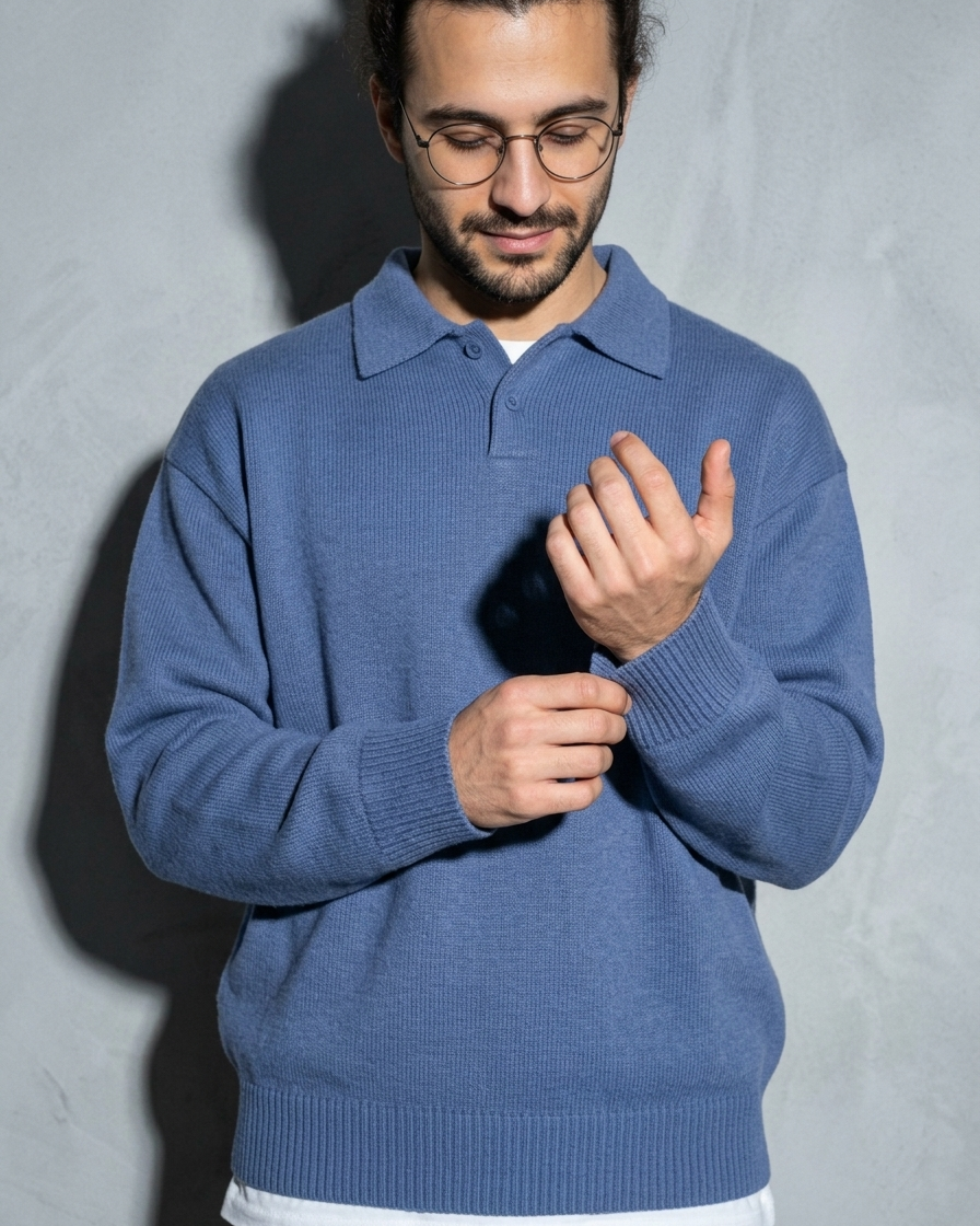 Men's Ribbed-Hem Lapel Knit Sweater, cuff detail close-up, worn by model
