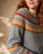 Women's Fashionable Pullover Sweater Top in Yellow, texture macro on shoulder, worn by model