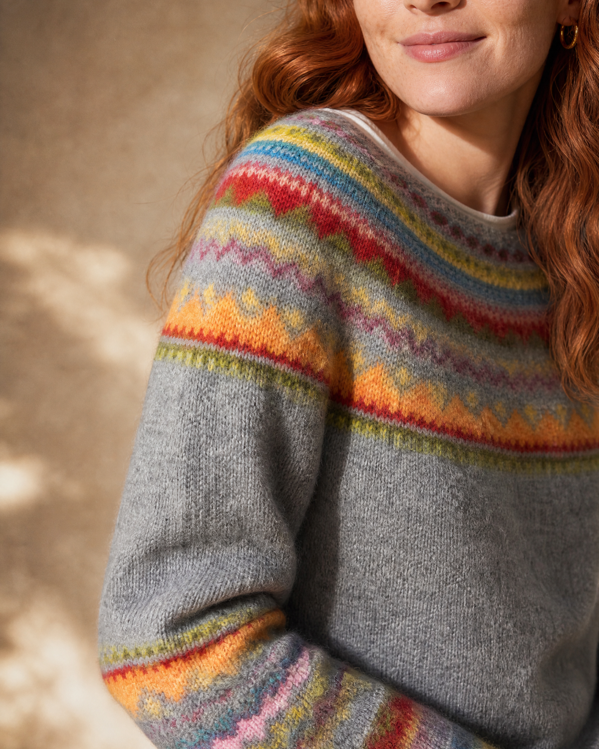 Women's Fashionable Pullover Sweater Top in Yellow, texture macro on shoulder, worn by model
