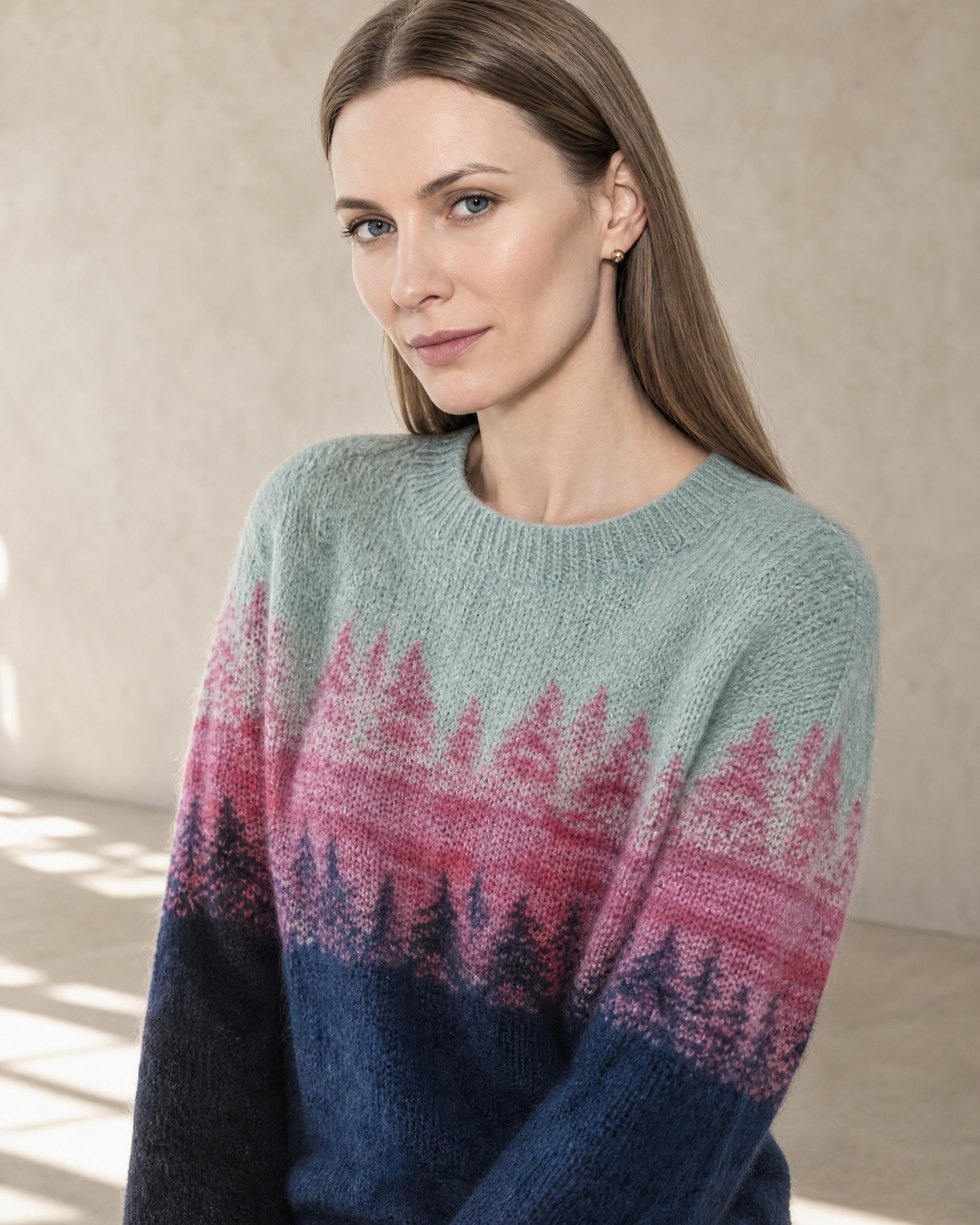 Women's Fashionable Pullover Sweater Top in Pink, neckline three-quarter portrait, worn by model