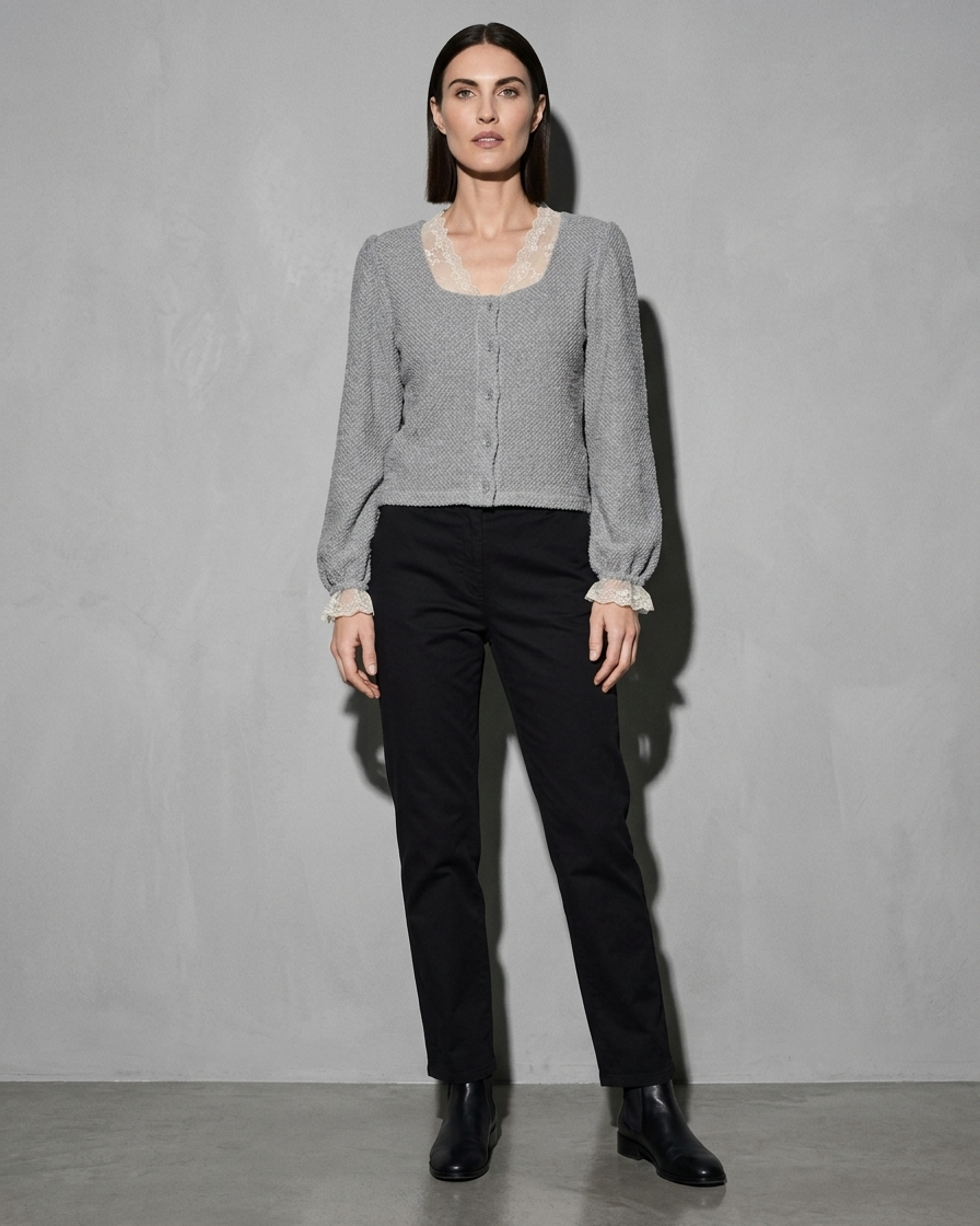 V-Neck Lace Crochet Button-Front Cardigan, weight back, chin lifted, worn by model