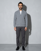 Men's Retro Zip-Front Knit Cardigan, weight back, chin lifted, worn by model