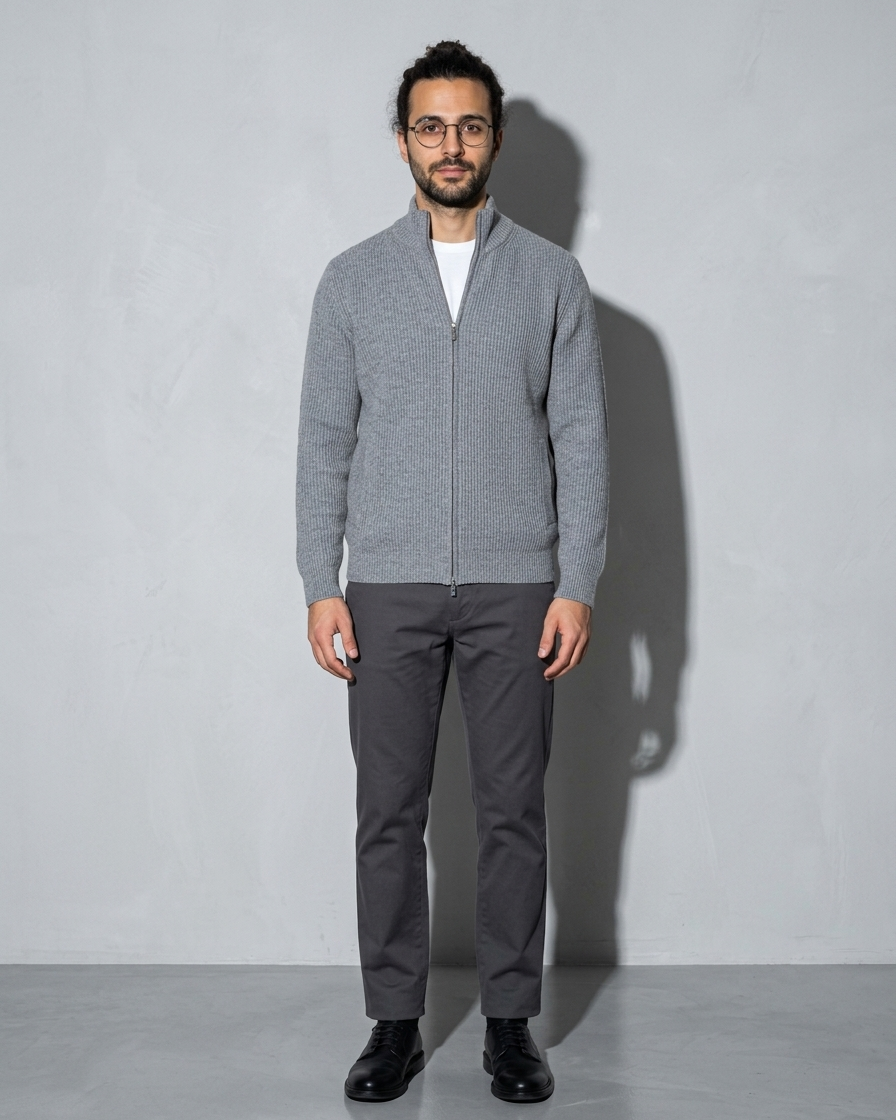 Men's Retro Zip-Front Knit Cardigan, weight back, chin lifted, worn by model