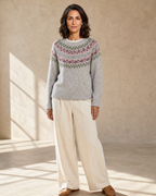 Women's Fashionable Pullover Sweater Top in Grey, weight back, chin lifted, worn by model