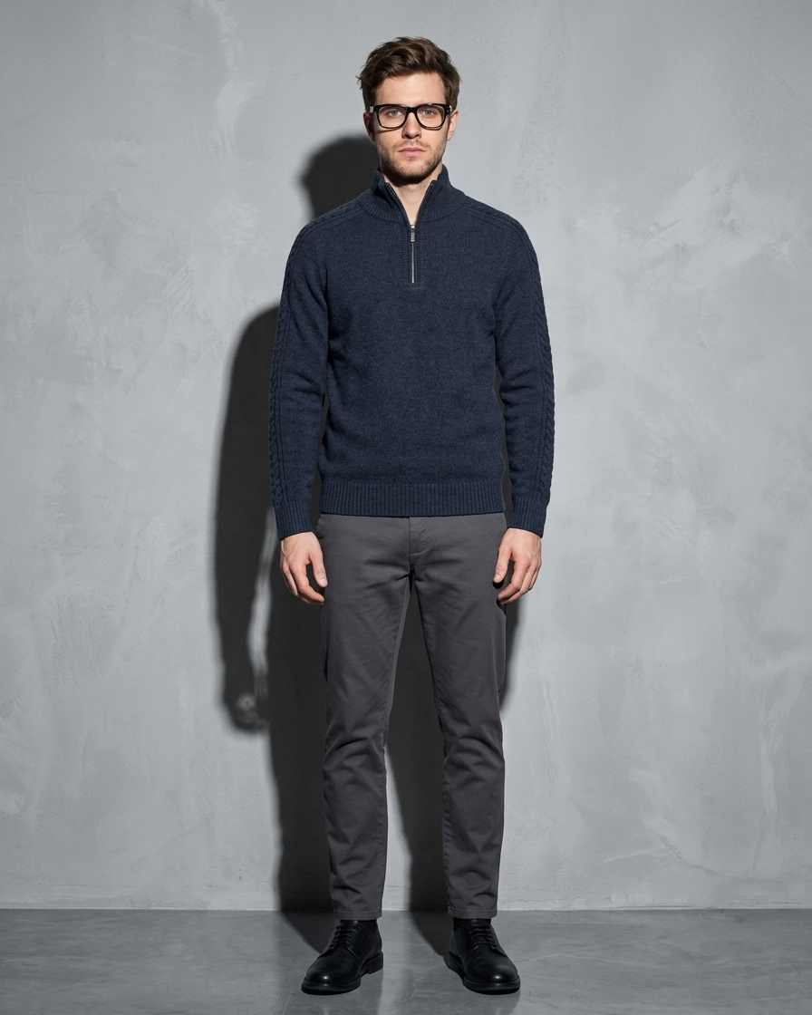 Zipper High Neck Thickened Woolen Sweater, weight back, chin lifted, worn by model