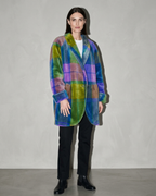 Women's Rainbow Plaid Button Coat with Pockets, half turn, hand at hem, worn by model