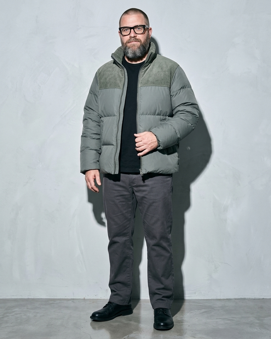 Duck Down Down Jacket Men's Winter American Outdoor, half turn, hand at hem, worn by model