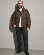 Coffee Color Cotton-padded Clothes Short Cotton Coat, half turn, hand at hem, worn by model