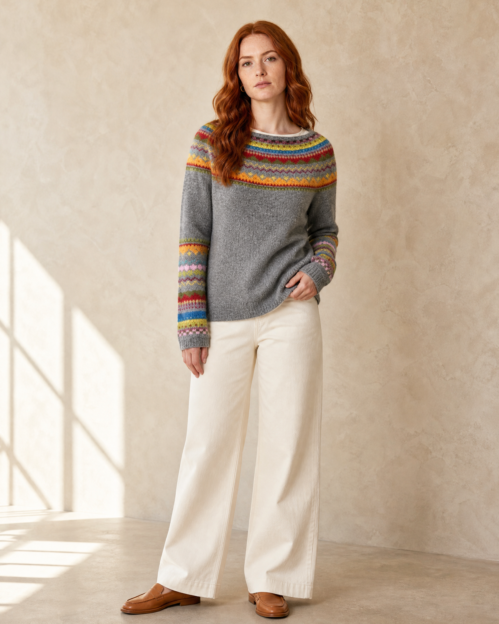 Women's Fashionable Pullover Sweater Top in Yellow, half turn, hand at hem, worn by model