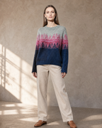 Women's Fashionable Pullover Sweater Top in Pink, open stance, arms relaxed, worn by model