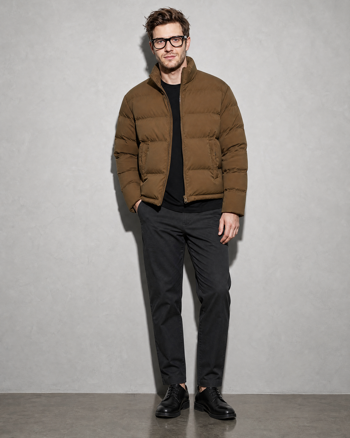 Solid Color Jacket For Men And Women, one hand in pocket, half turn, worn by model