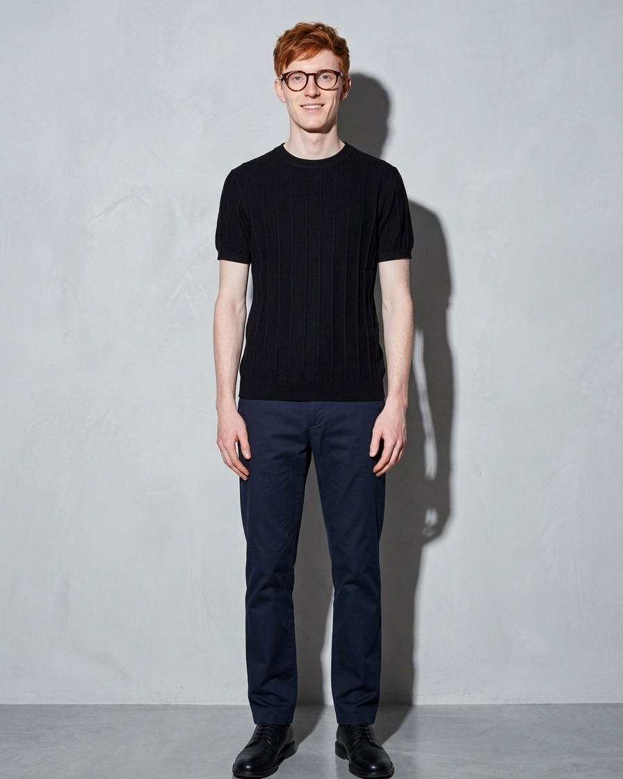 Men's Lightweight Solid Crewneck T-Shirt, sleeves pushed, arms down, worn by model