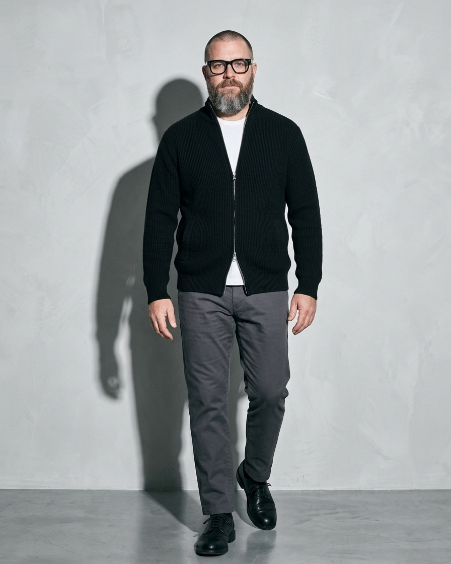 Men's Retro Zip-Front Knit Cardigan, step forward, settled, worn by model