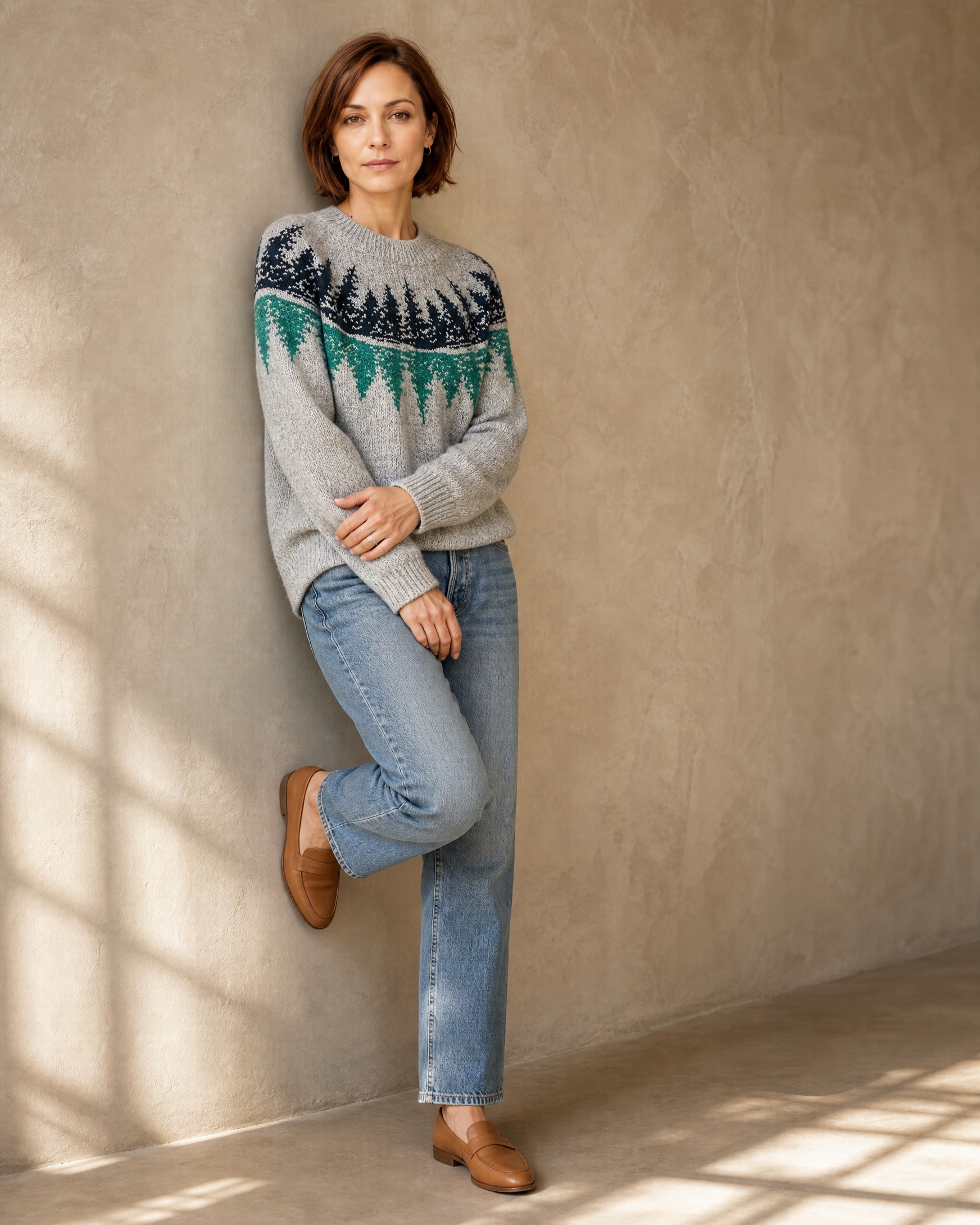 Women's Fashionable Pullover Sweater Top in Teal, wall lean, arms crossed low, worn by model