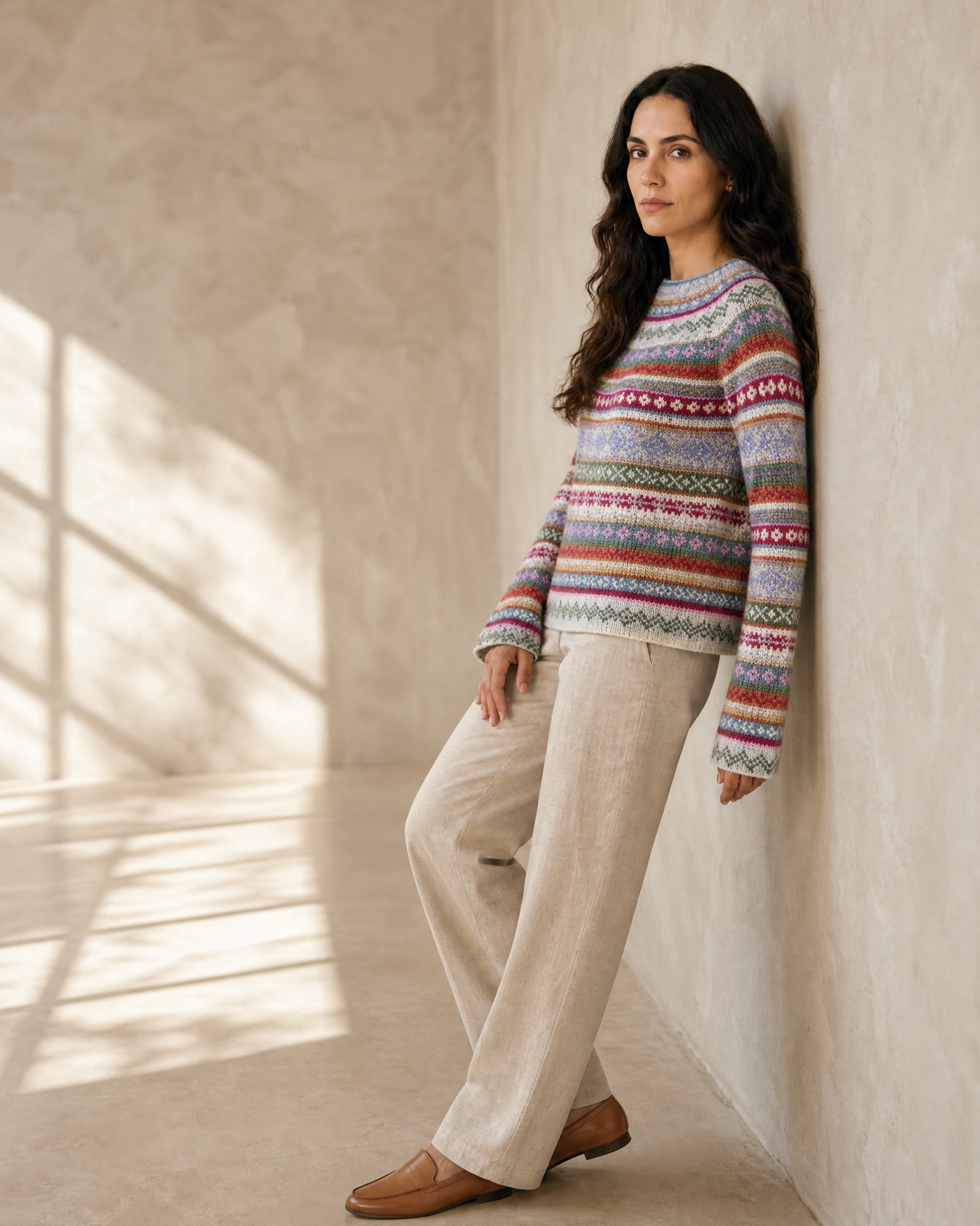 Women's Fashionable Pullover Sweater Top in Blue, hip to wall, half profile, worn by model