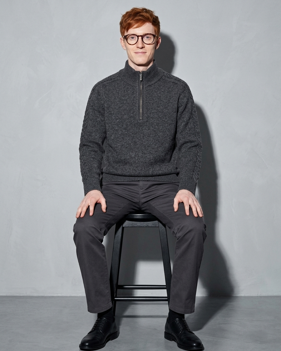 Zipper High Neck Thickened Woolen Sweater, stool, both feet on rung, worn by model