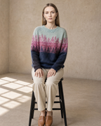 Women's Fashionable Pullover Sweater Top in Pink, stool, both feet on rung, worn by model