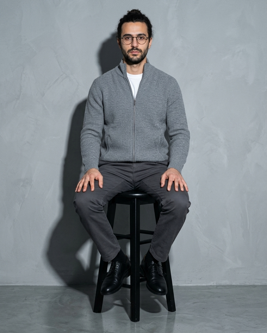 Men's Retro Zip-Front Knit Cardigan, stool, both feet on rung, worn by model