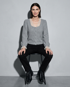 V-Neck Lace Crochet Button-Front Cardigan, stool, both feet on rung, worn by model