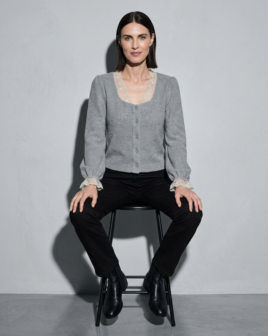 V-Neck Lace Crochet Button-Front Cardigan, stool, both feet on rung, worn by model