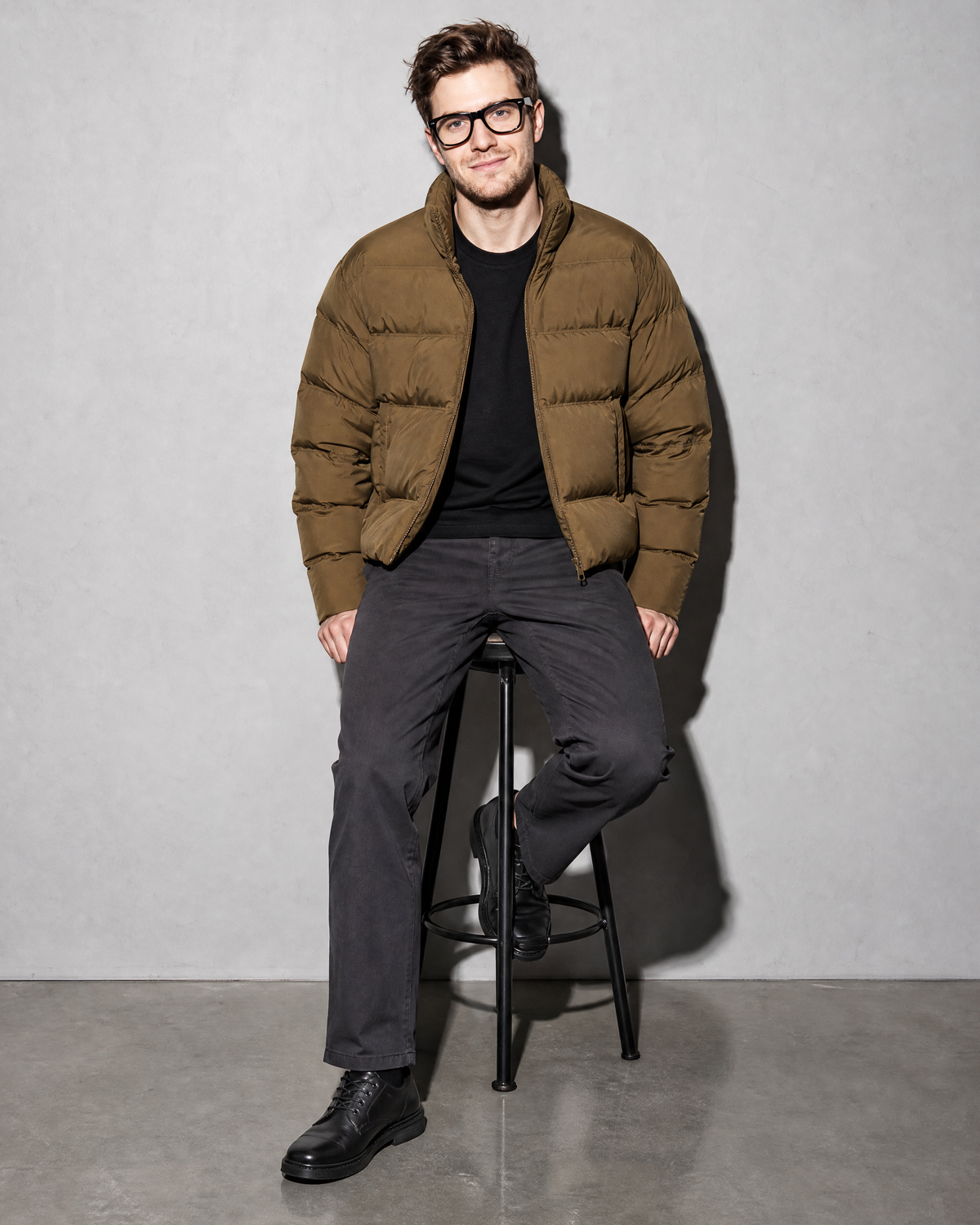 Solid Color Jacket For Men And Women, stool, leaning back on hands, worn by model