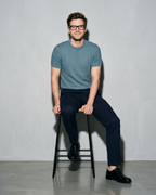 Men's Lightweight Solid Crewneck T-Shirt, stool, leaning back on hands, worn by model