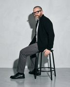Men's Retro Zip-Front Knit Cardigan, stool, turned away, head back, worn by model