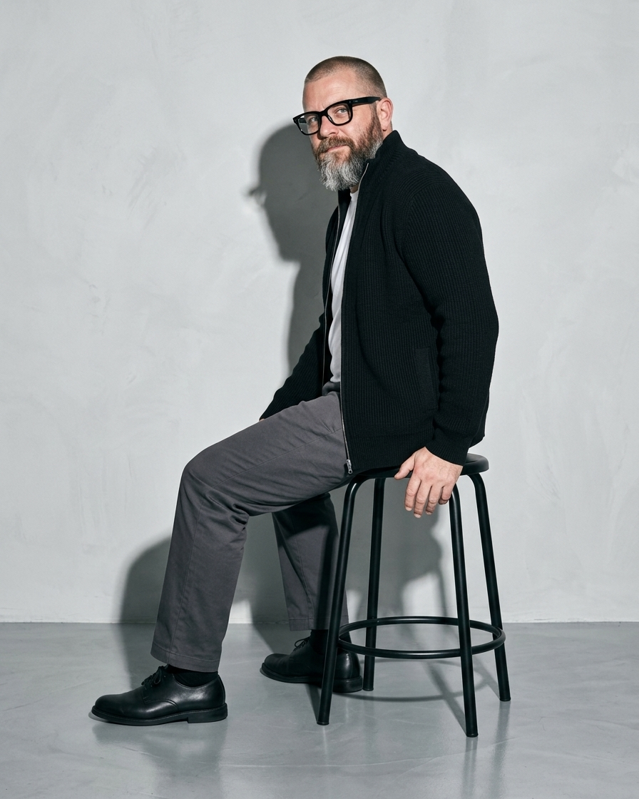 Men's Retro Zip-Front Knit Cardigan, stool, turned away, head back, worn by model