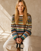 Women's Fashionable Pullover Sweater Top in Orange, stool, hands in lap, worn by model