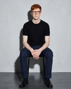 Men's Lightweight Solid Crewneck T-Shirt, stool, hands in lap, worn by model