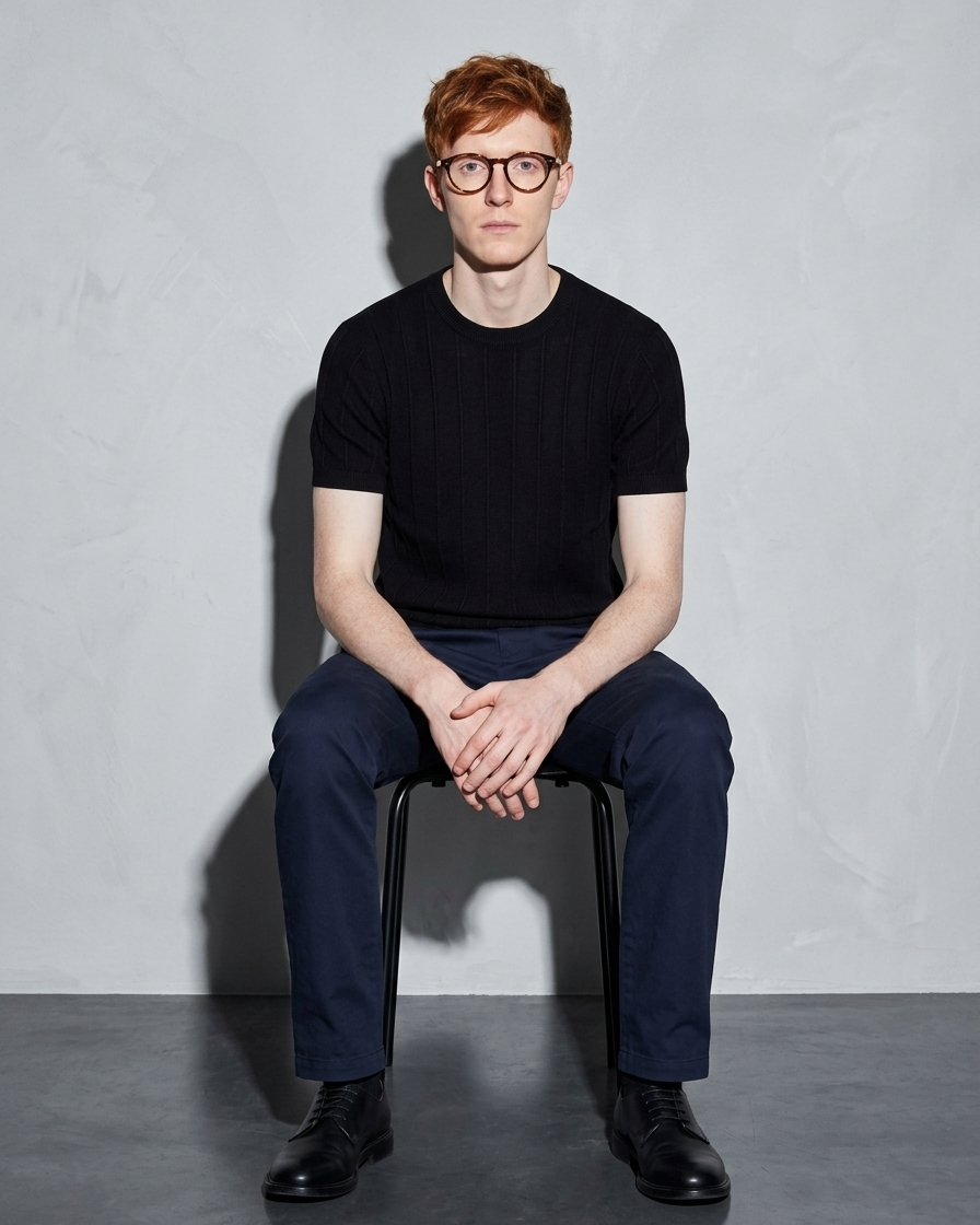 Men's Lightweight Solid Crewneck T-Shirt, stool, hands in lap, worn by model