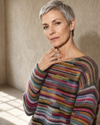 Women's Fashionable Pullover Sweater Top in Rainbow, shoulder and neckline detail, worn by model