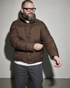 Coffee Color Cotton-padded Clothes Short Cotton Coat, sleeve held away, worn by model