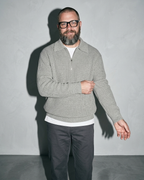 Men's Light Business Lapel Knit Sweater, sleeve held away, worn by model