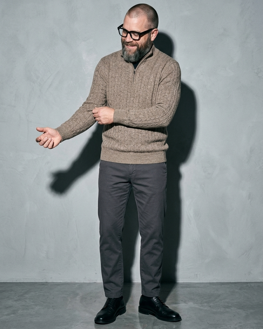 Men's Stand-Collar Cable-Knit Zip Sweater, sleeve held away, worn by model
